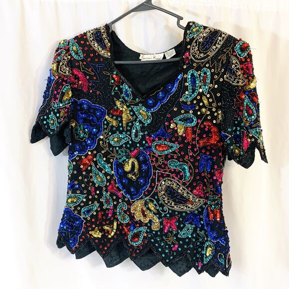Vtg Colorful Beaded Sequin Laurence Kazar Silk Top Blouse Holiday Paisley - Picture 1 of 6